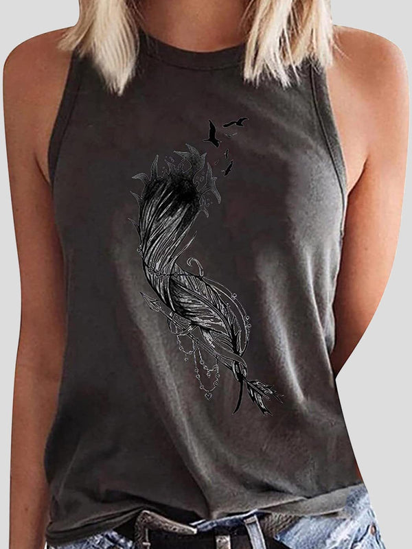 Round Neck  Feather Printed Sleeveless Womens Vest