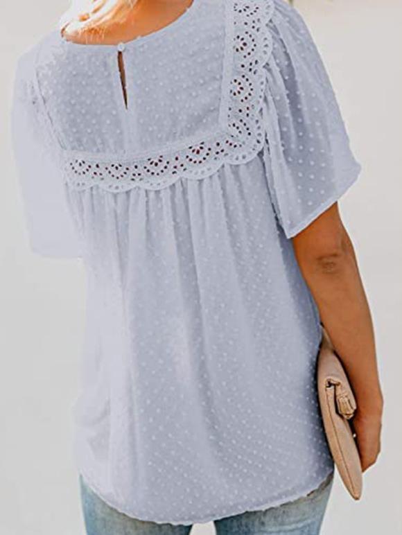 Round Neck Lace Crochet Pompom Short Sleeve T-shirt