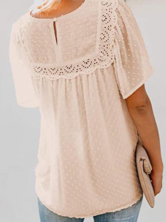 Round Neck Lace Crochet Pompom Short Sleeve T-shirt