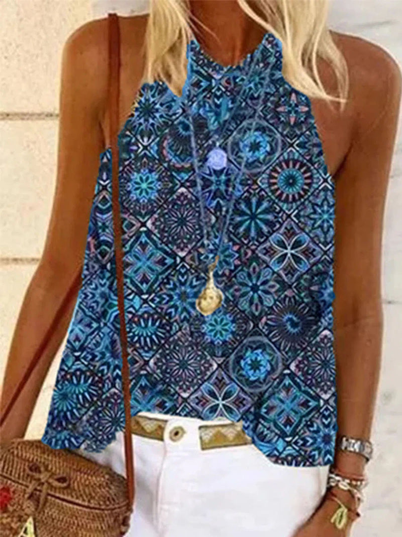Round Neck Loose Printed Tank Tops