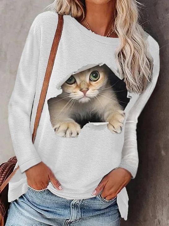 Round Neck Pullover Cat Long Sleeve T-Shirt