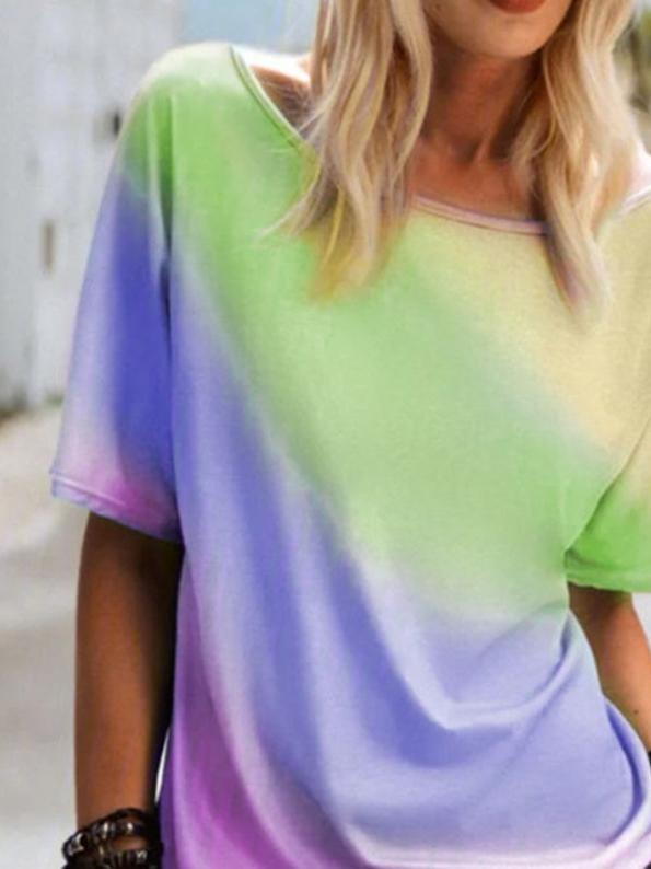 Round Neck Rainbow Print Loose Casual T-shirt