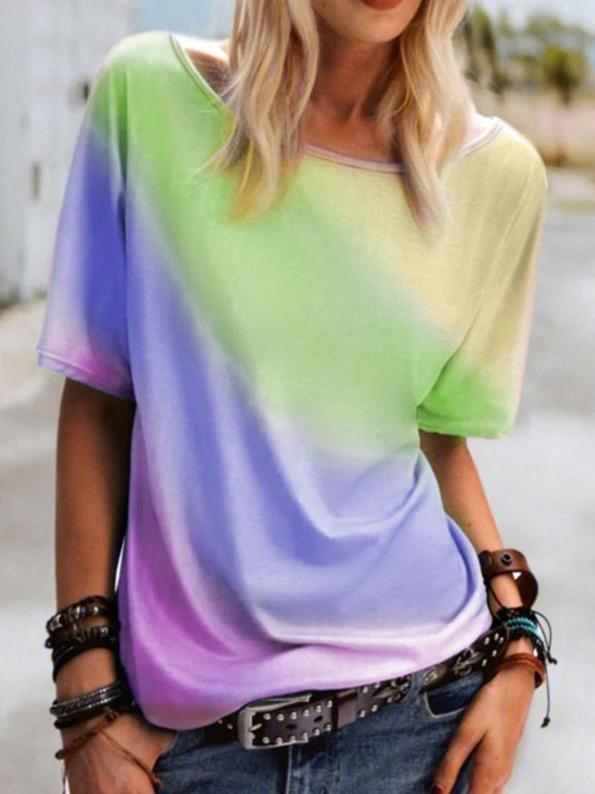 Round Neck Rainbow Print Loose Casual T-shirt