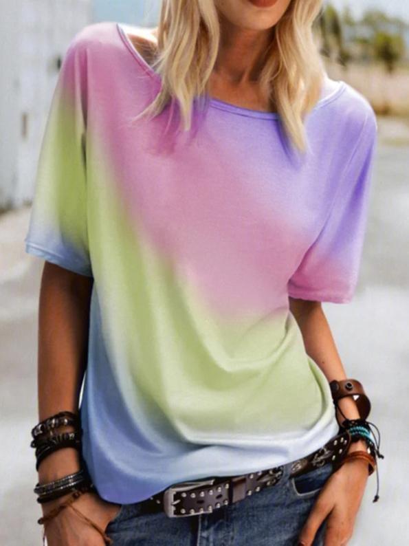 Round Neck Rainbow Print Loose Casual T-shirt