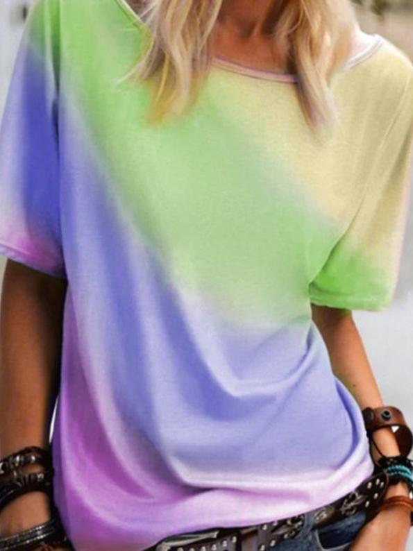 Round Neck Rainbow Print Loose Casual T-shirt