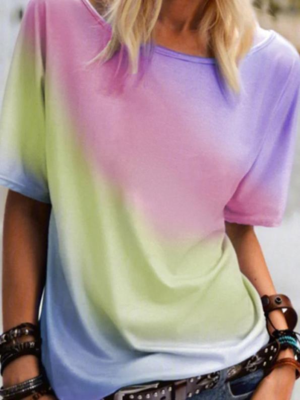 Round Neck Rainbow Print Loose Casual T-shirt