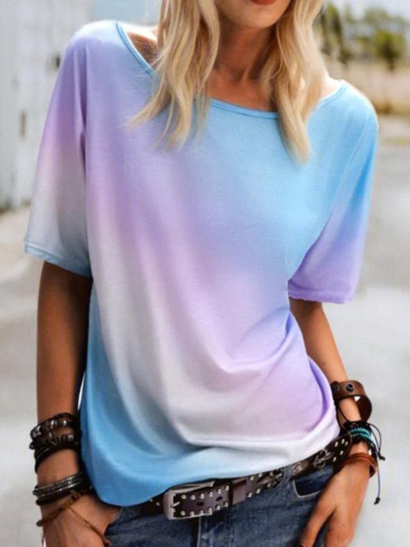 Round Neck Rainbow Print Loose Casual T-shirt