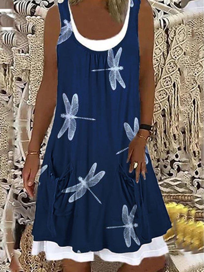 Round Neck Sleeveless Pocket Pleated Short Dress