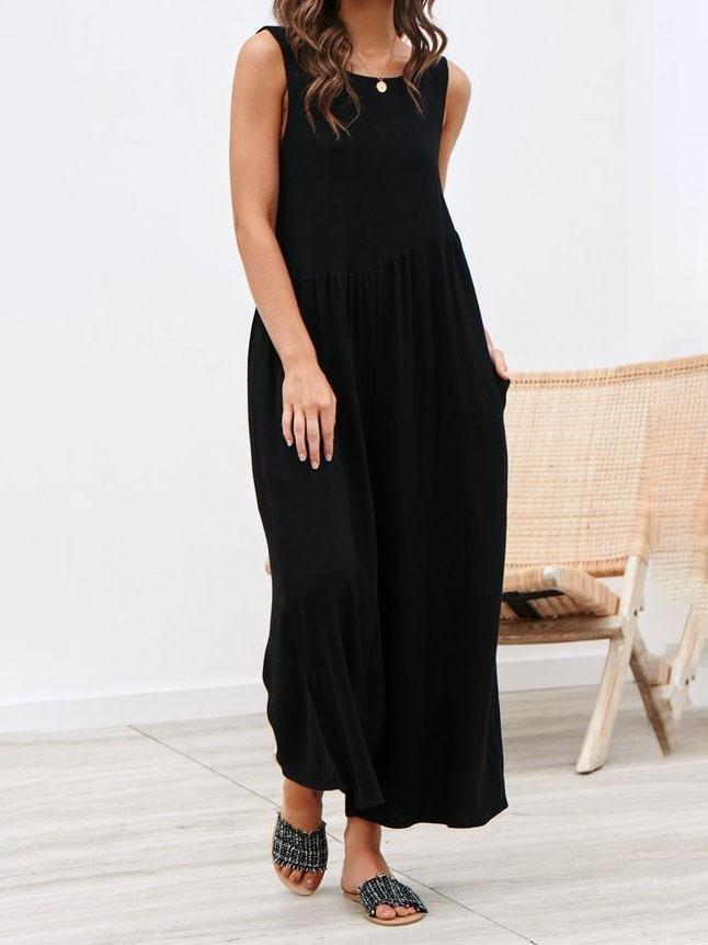 Round Neck Sleeveless Pocket Vest Jumpsuit