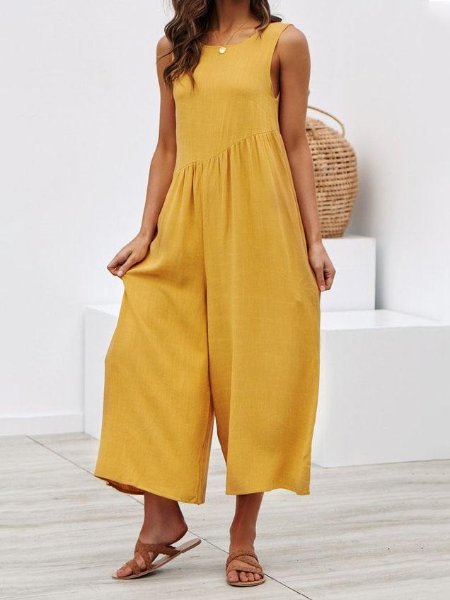 Round Neck Sleeveless Pocket Vest Jumpsuit