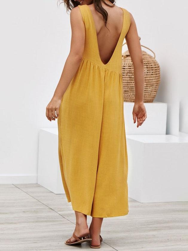 Round Neck Sleeveless Pocket Vest Jumpsuit