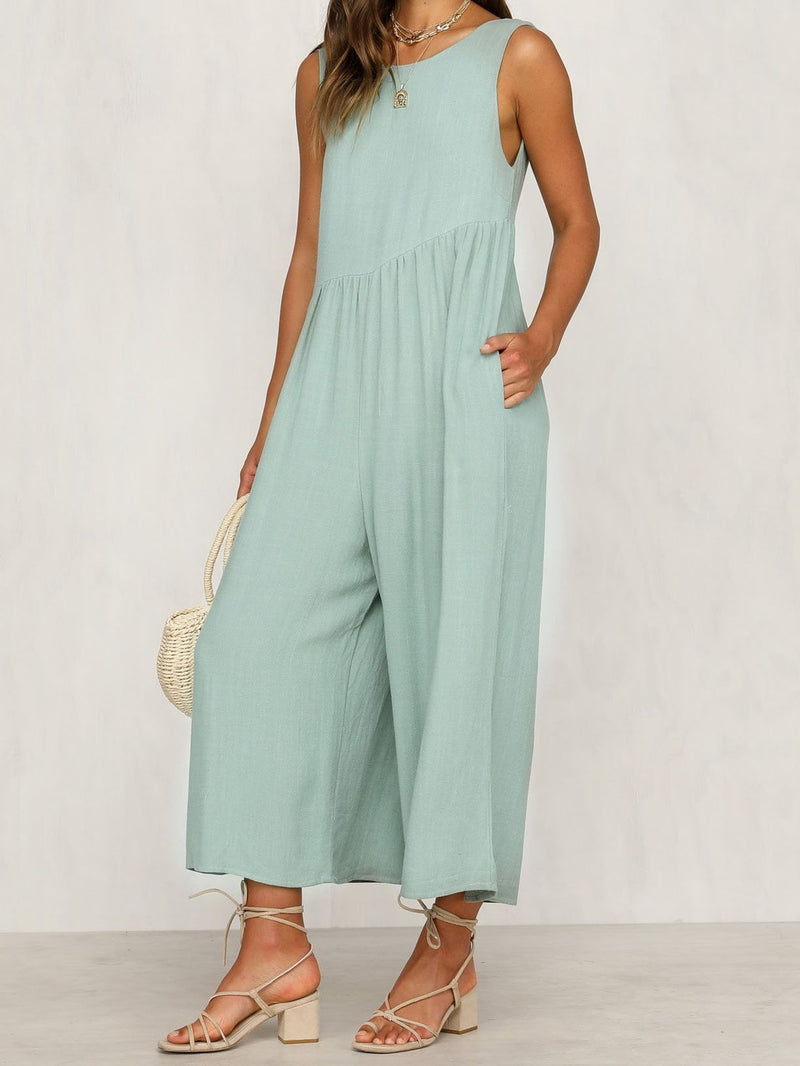 Round Neck Sleeveless Pocket Vest Jumpsuit