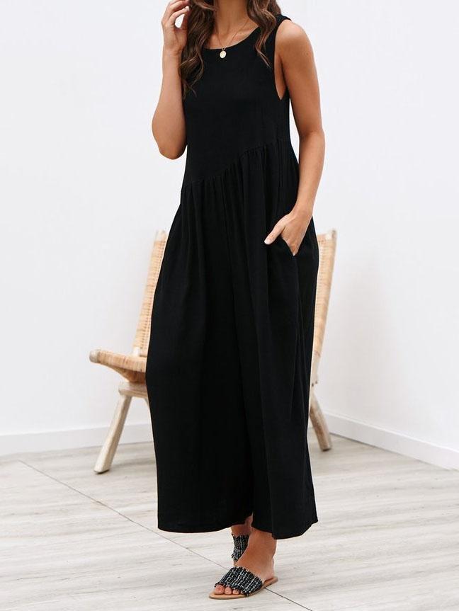 Round Neck Sleeveless Pocket Vest Jumpsuit