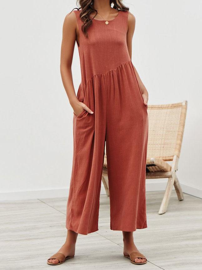 Round Neck Sleeveless Pocket Vest Jumpsuit