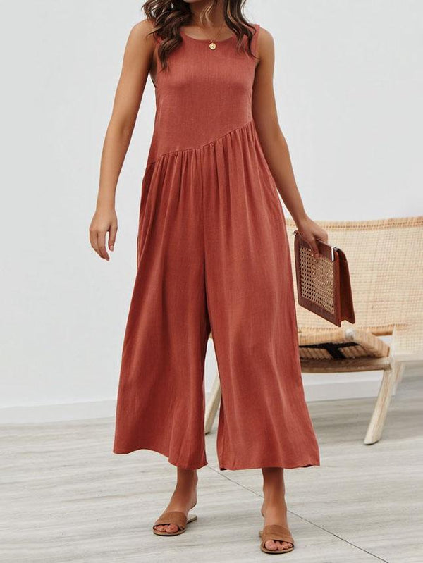 Round Neck Sleeveless Pocket Vest Jumpsuit