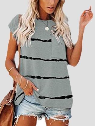 Short Sleeve Striped Printed Pocket Casual Round Neck T-shirt