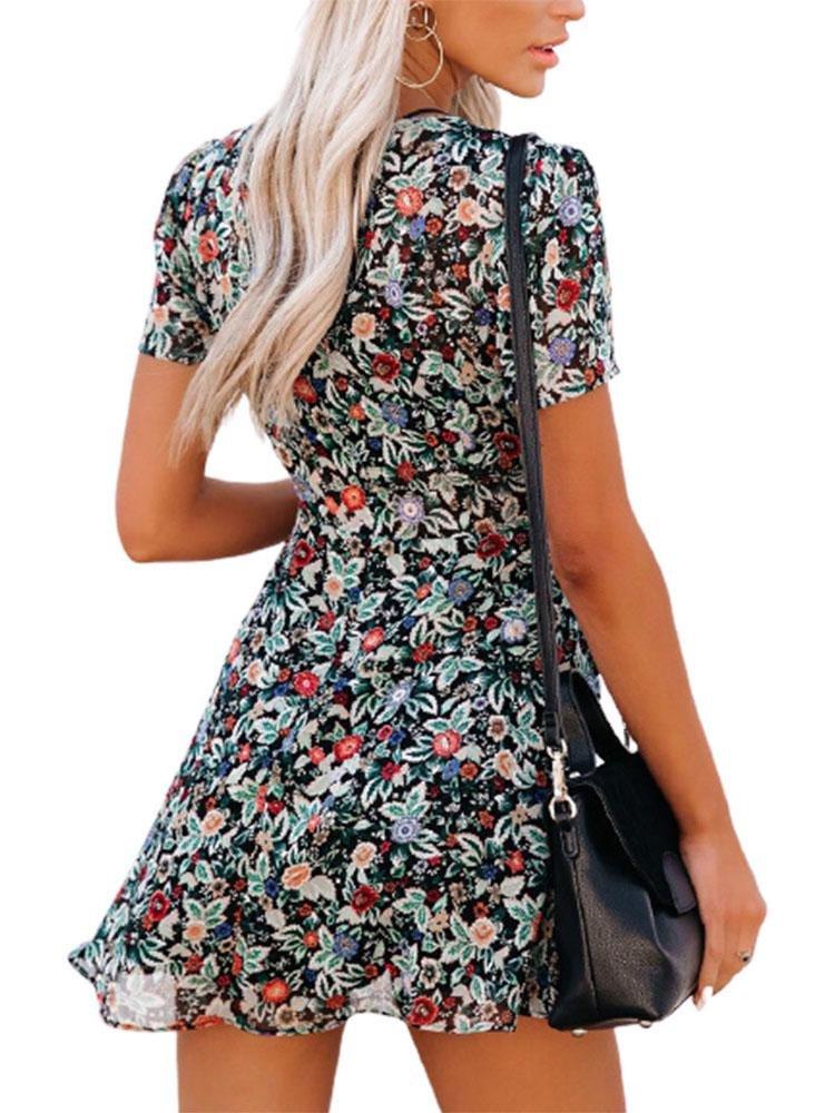 Short Sleeve V-neck Floral Dress