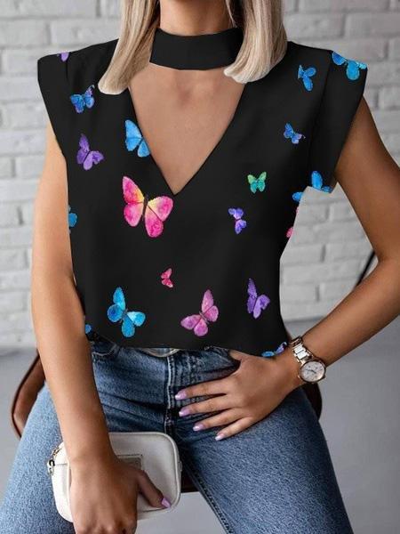 Short Sleeve V-Neck Hollow Halter Butterfly Print T-Shirts