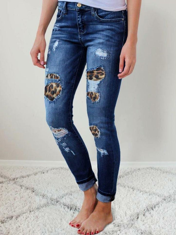 Skinny Leopard Print Ripped Stretch Jeans