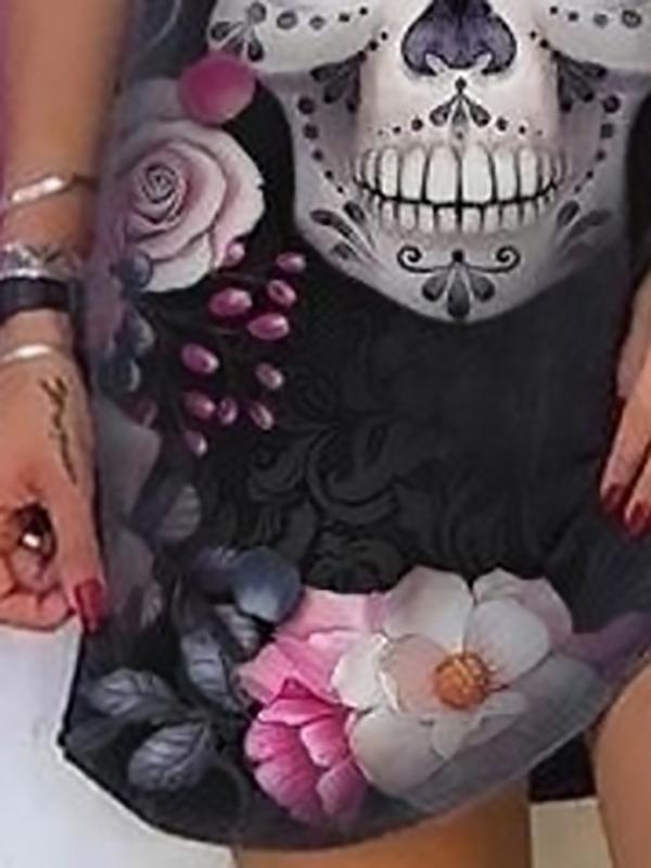 Skull Head Print Short-sleeved One-shoulder T-shirt Dress