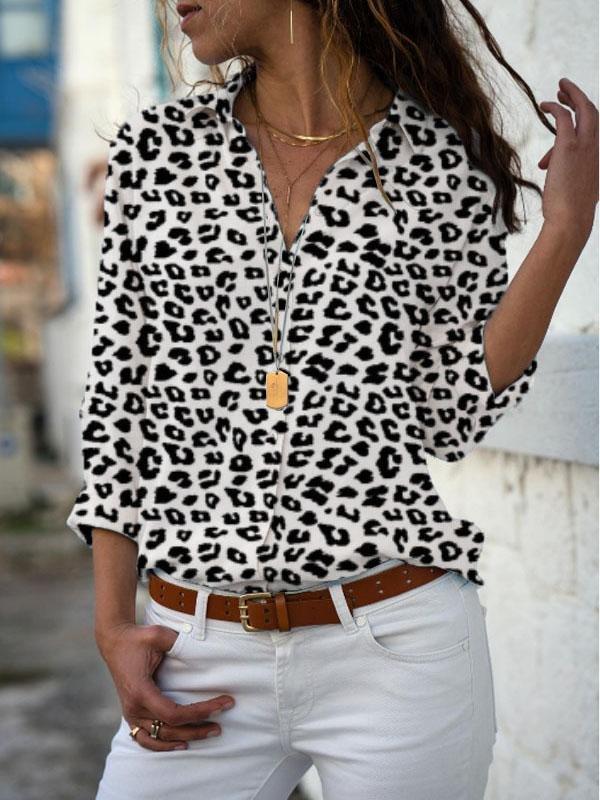 Slim Long-sleeved Lapel Leopard Print Shirt
