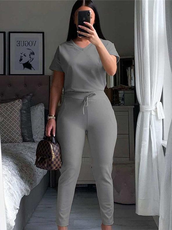 Solid Casual Sports V-neck Two-piece Suit