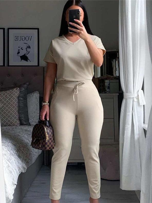 Solid Casual Sports V-neck Two-piece Suit