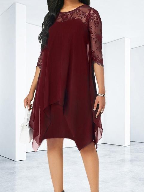 Solid Color Lace Stitching Irregular Chiffon Dress