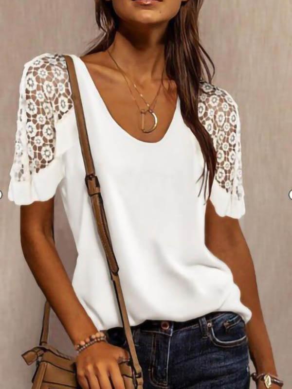Solid Color Lace Stitching T-shirt