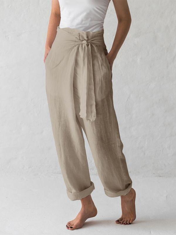 Solid High-waist Pleated Trousers Casual Pants