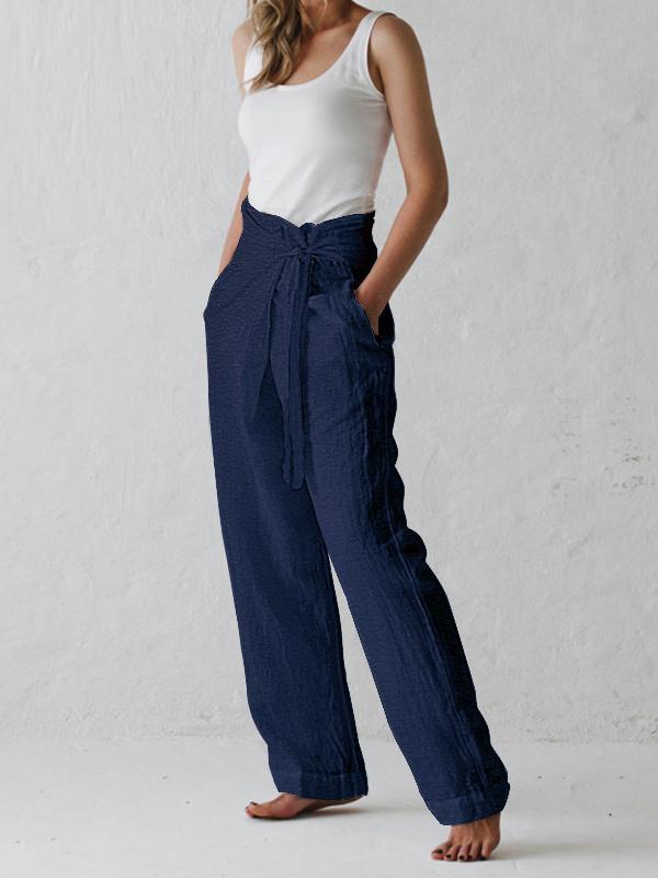 Solid High-waist Pleated Trousers Casual Pants