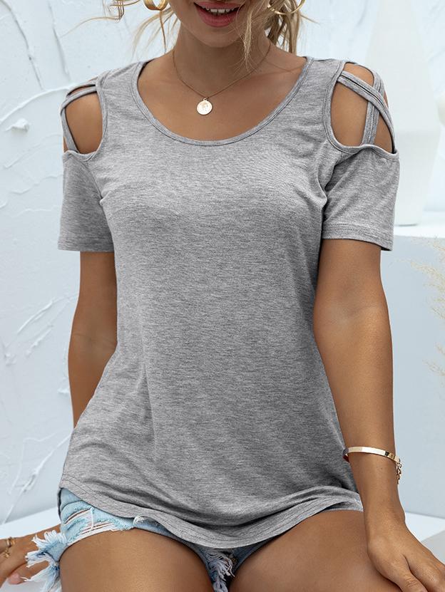 Solid Round Neck Short Sleeve Off-shoulder T-shirt
