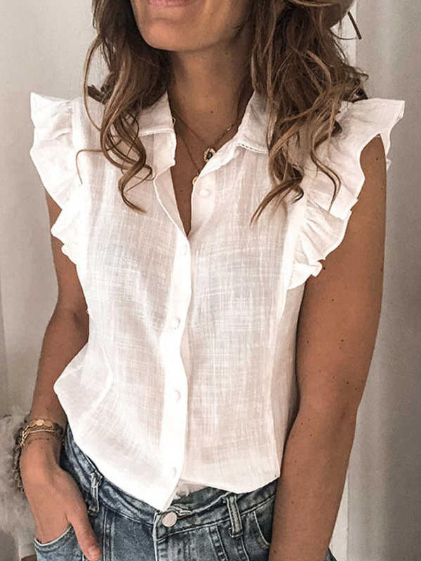 Solid Ruffled Sleeveless Breasted Cardigan Blouses