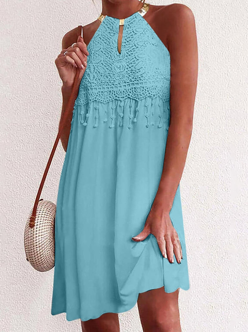 Solid Sleeveless Lace Dangle Mini Dress