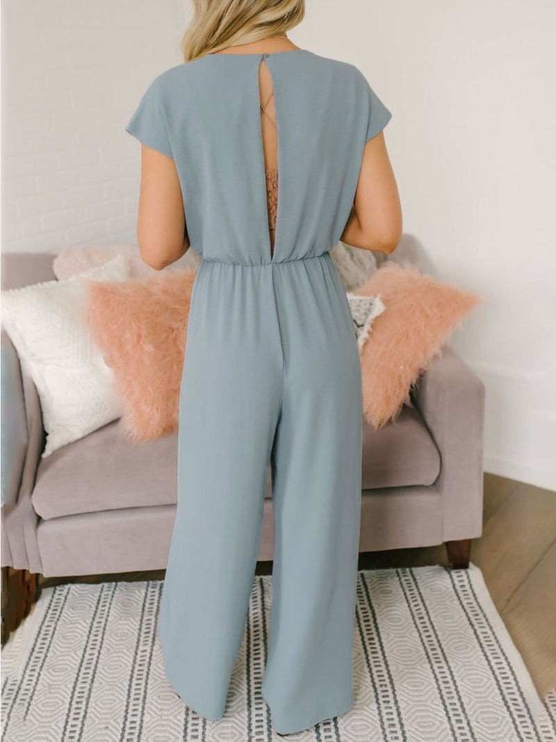 Solid V-neck High Waist Casual Jumpsuit