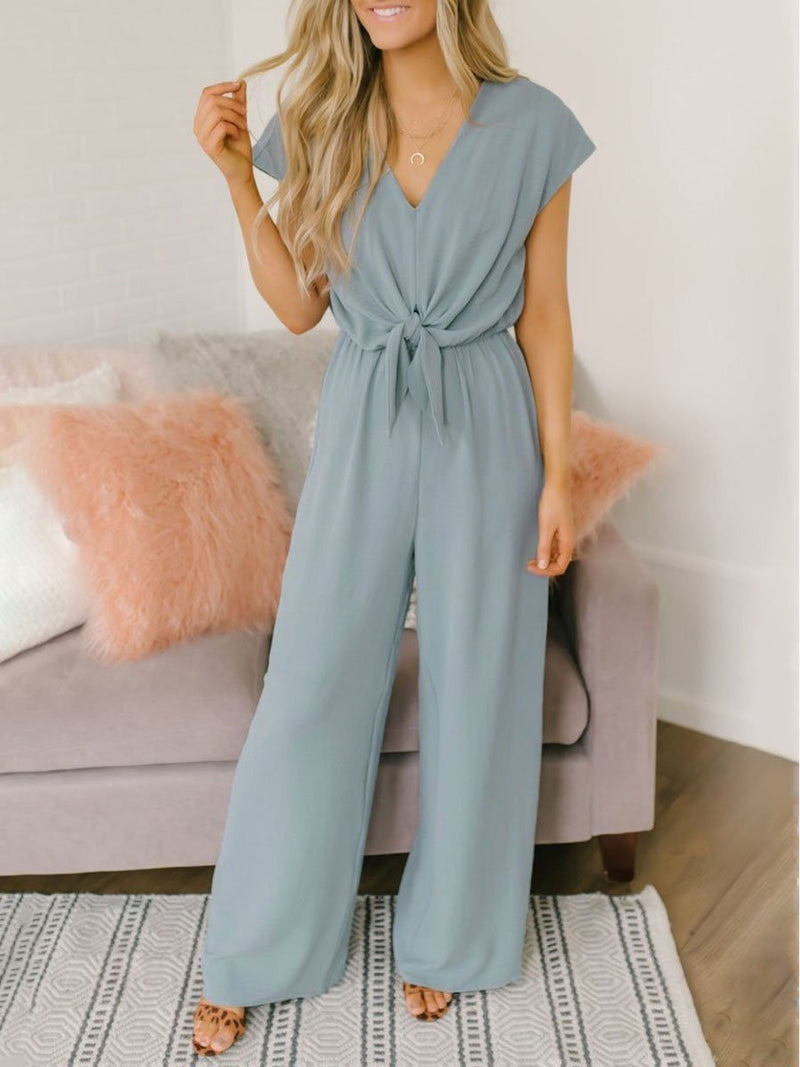 Solid V-neck High Waist Casual Jumpsuit