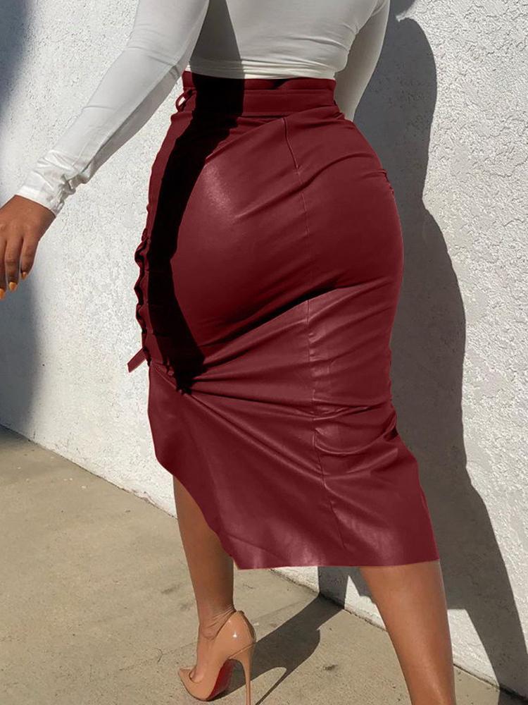 Split Slim Mid-length Wrapped Hip Pu Skirt