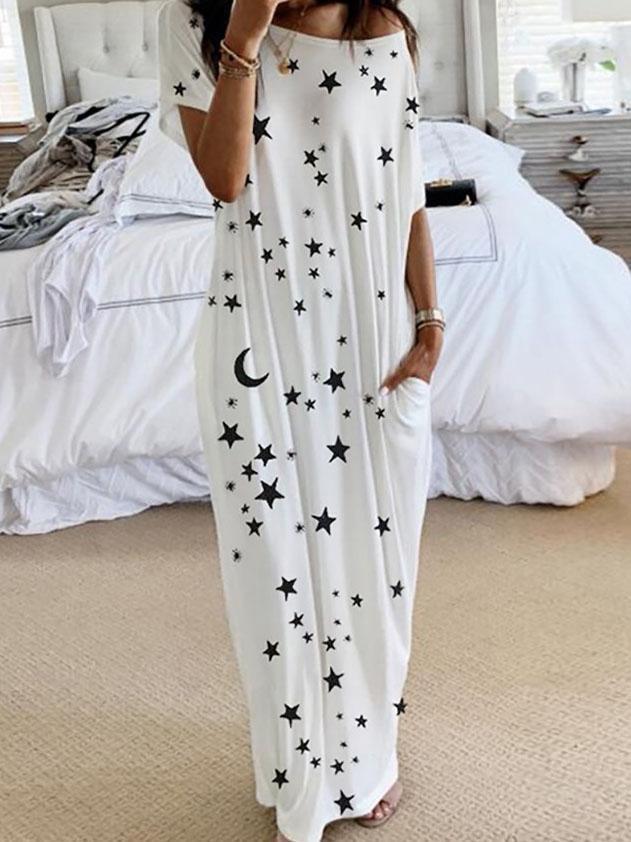 Star And Moon Print Short Sleeve Maxi Dress
