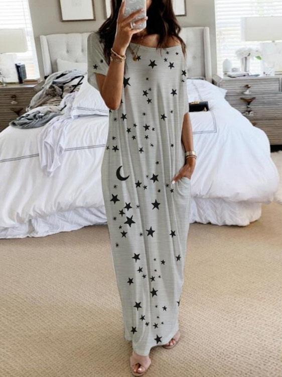 Star And Moon Print Short Sleeve Maxi Dress
