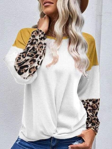 Stitching Leopard Print Knit Waffle Long-sleeved T-shirt