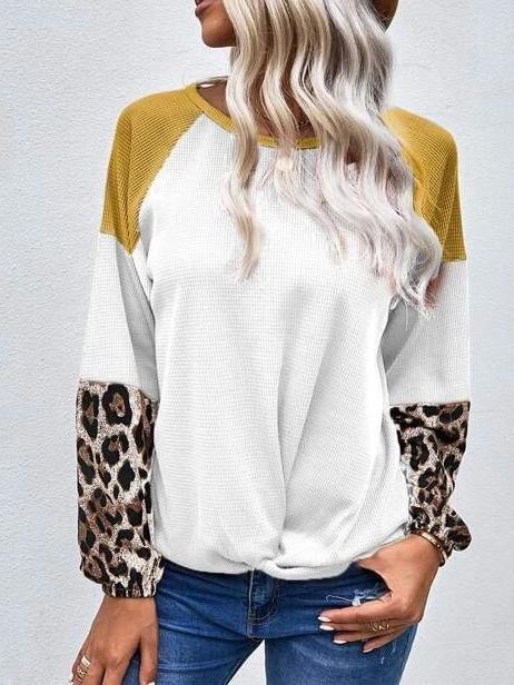 Stitching Leopard Print Knit Waffle Long-sleeved T-shirt