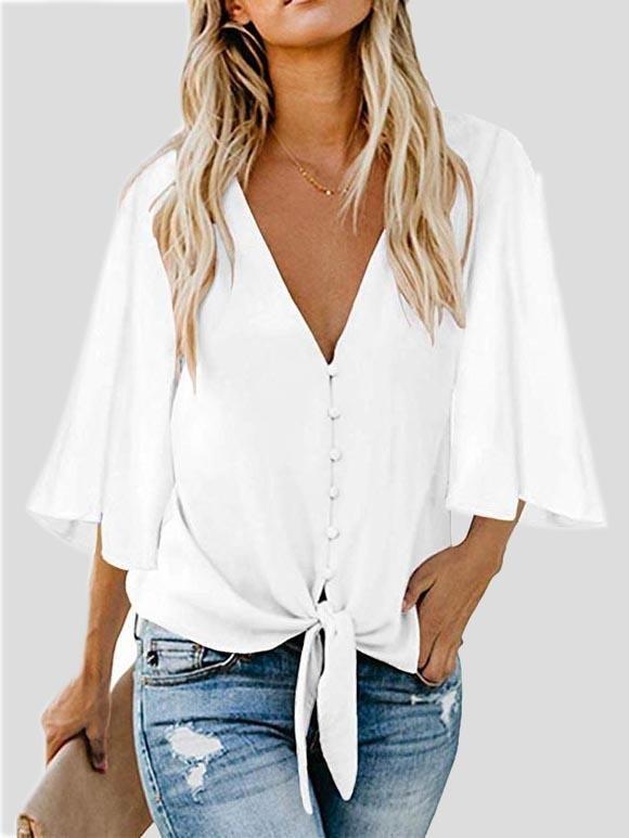 Street Hipster Bow Shirt Solid V Neck Flared Sleeve Blouse
