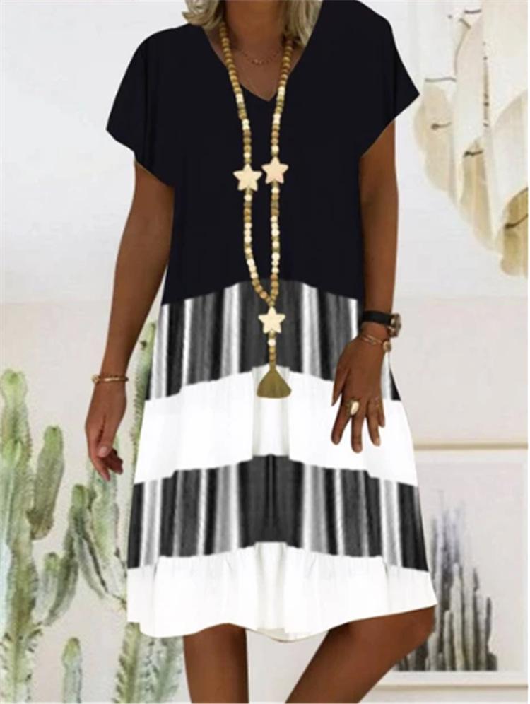 Striped Keyboard Print Short Sleeve V-neck Dress