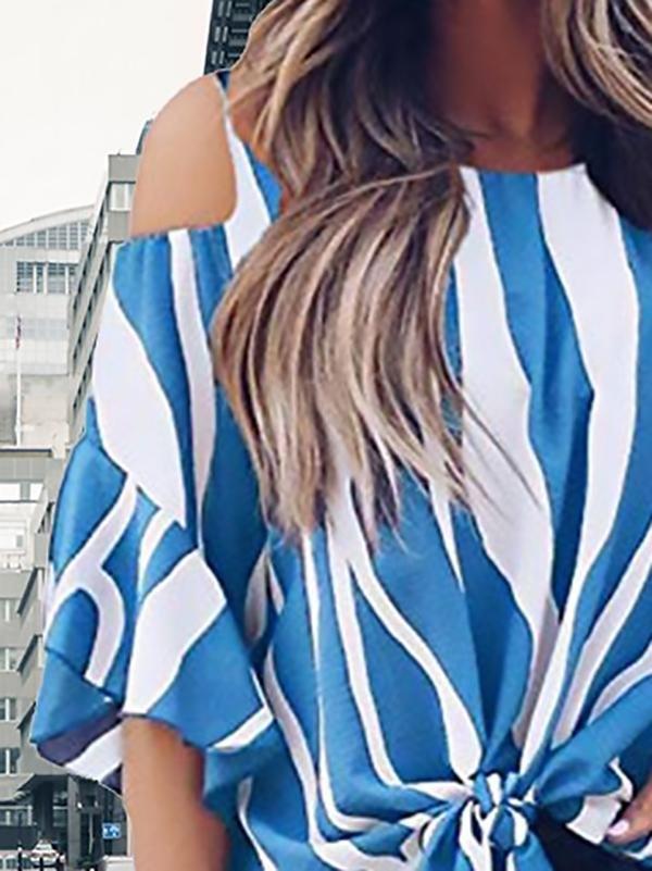 Striped Three-quarter Sleeve Print Knotted Pullover Blouse