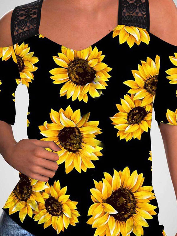 Sunflower Print Off-shoulder Hollow Wide Shoulder Strap T-shirt