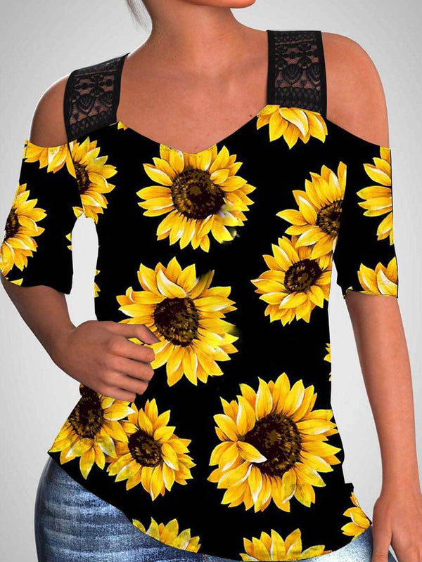 Sunflower Print Off-shoulder Hollow Wide Shoulder Strap T-shirt