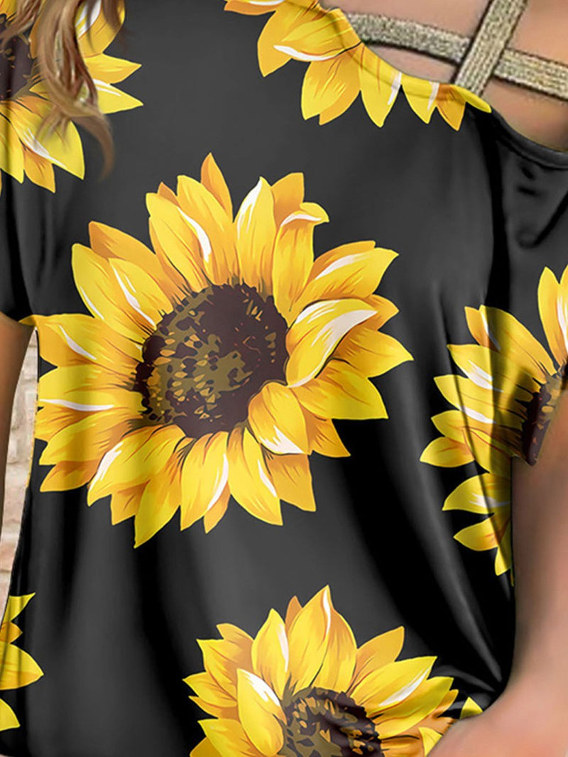 Sunflower Print Off-shoulder T-shirt