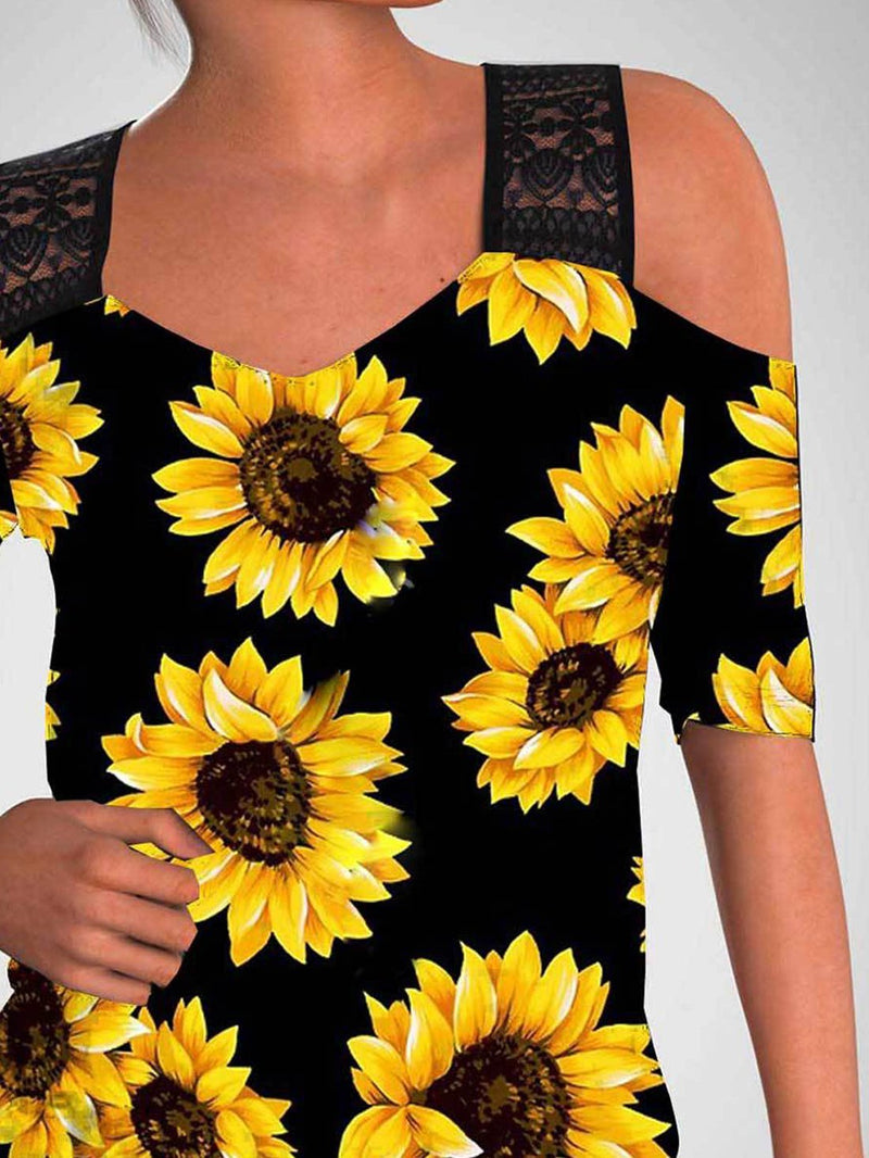 Sunflower Print Off-the-shoulder Cutout T-shirt