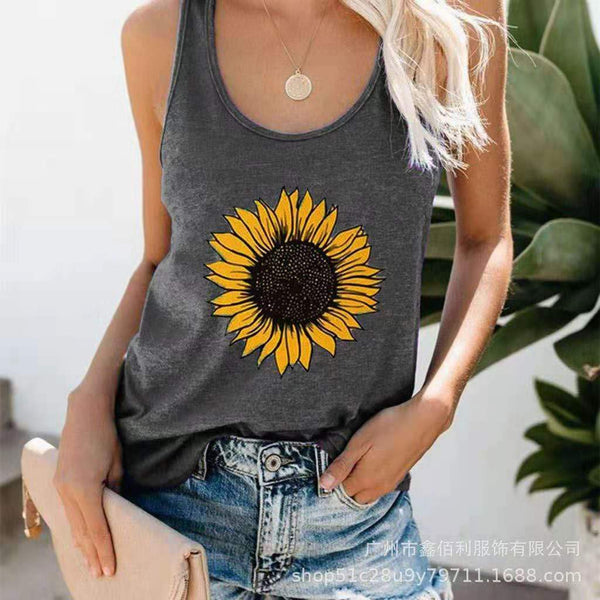 Sunflower Print Round Neck Pullover Sleeveless Vest