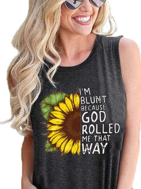 Sunflower Print Round Neck Sleeveless Tank Top
